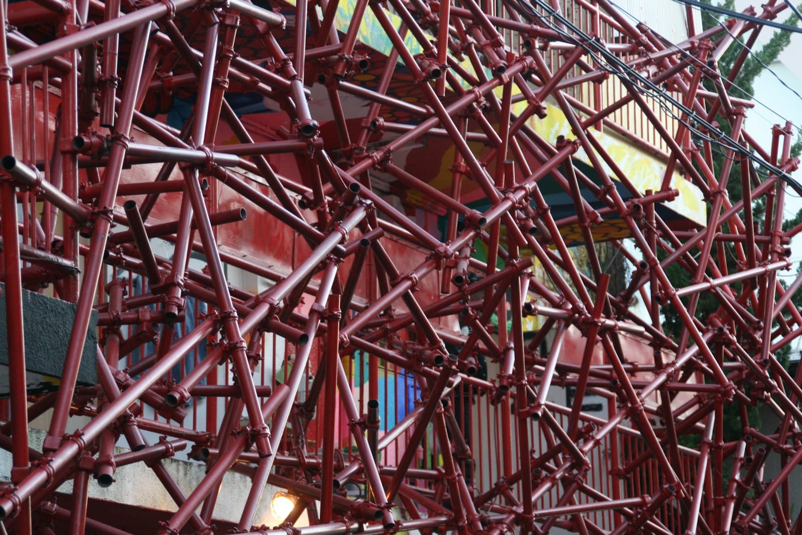A building facade covered in scaffolding.