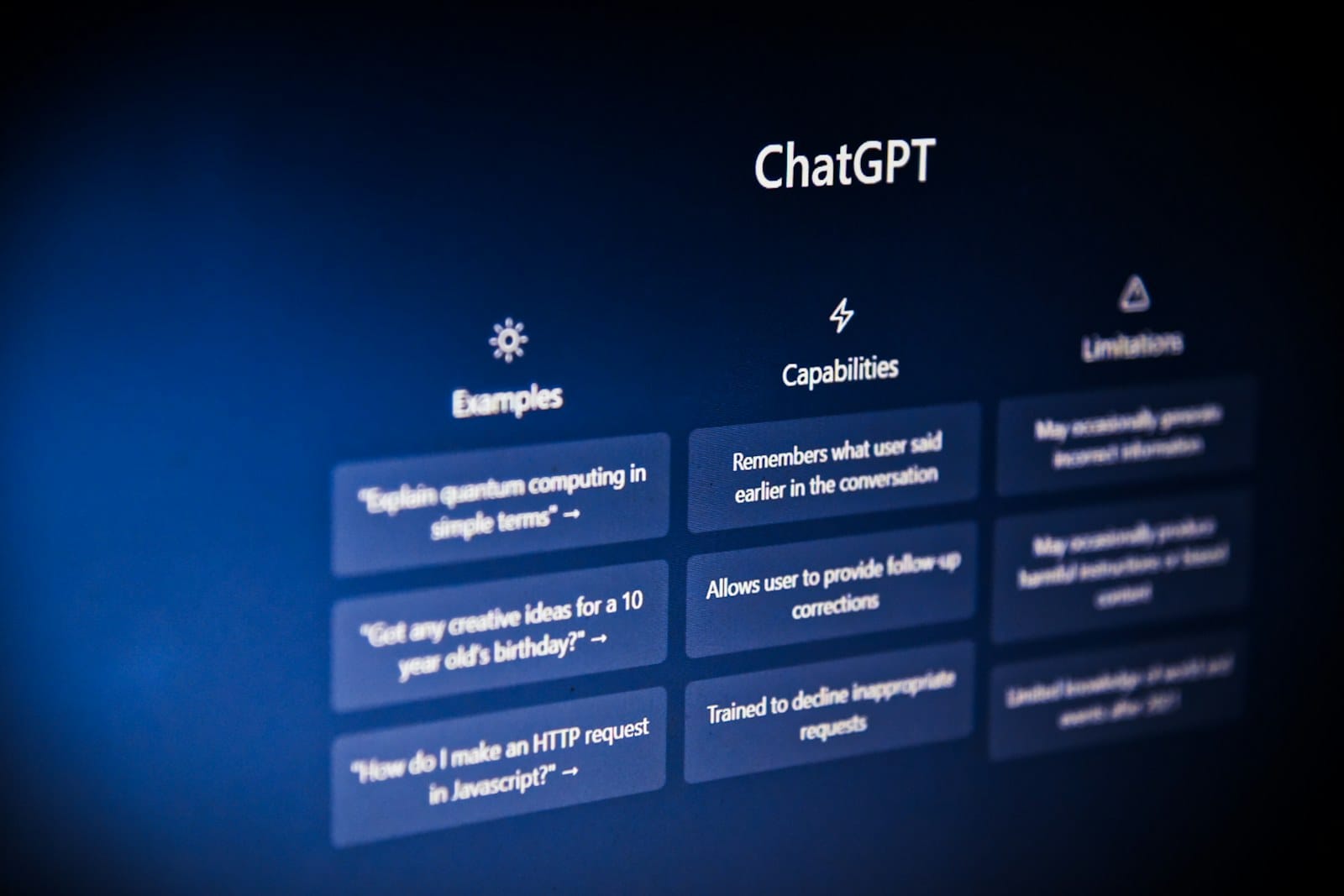 The ChatGPT interface on screen, listing examples, capabilities and limitations.