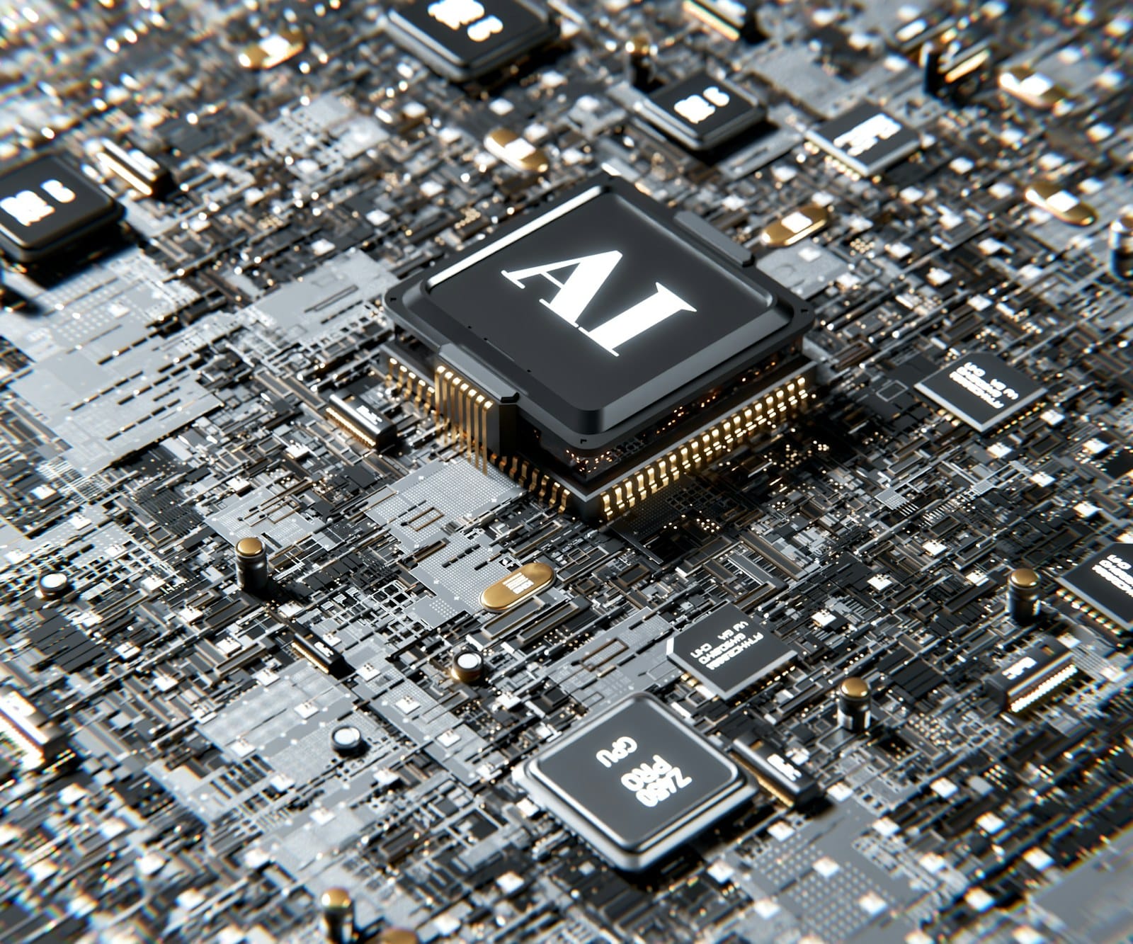 A circuit board with a central processor chip labelled AI.