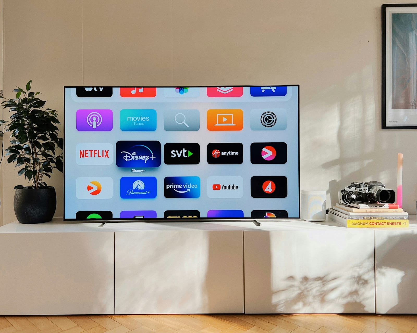 A connected TV streaming in a modern living room.