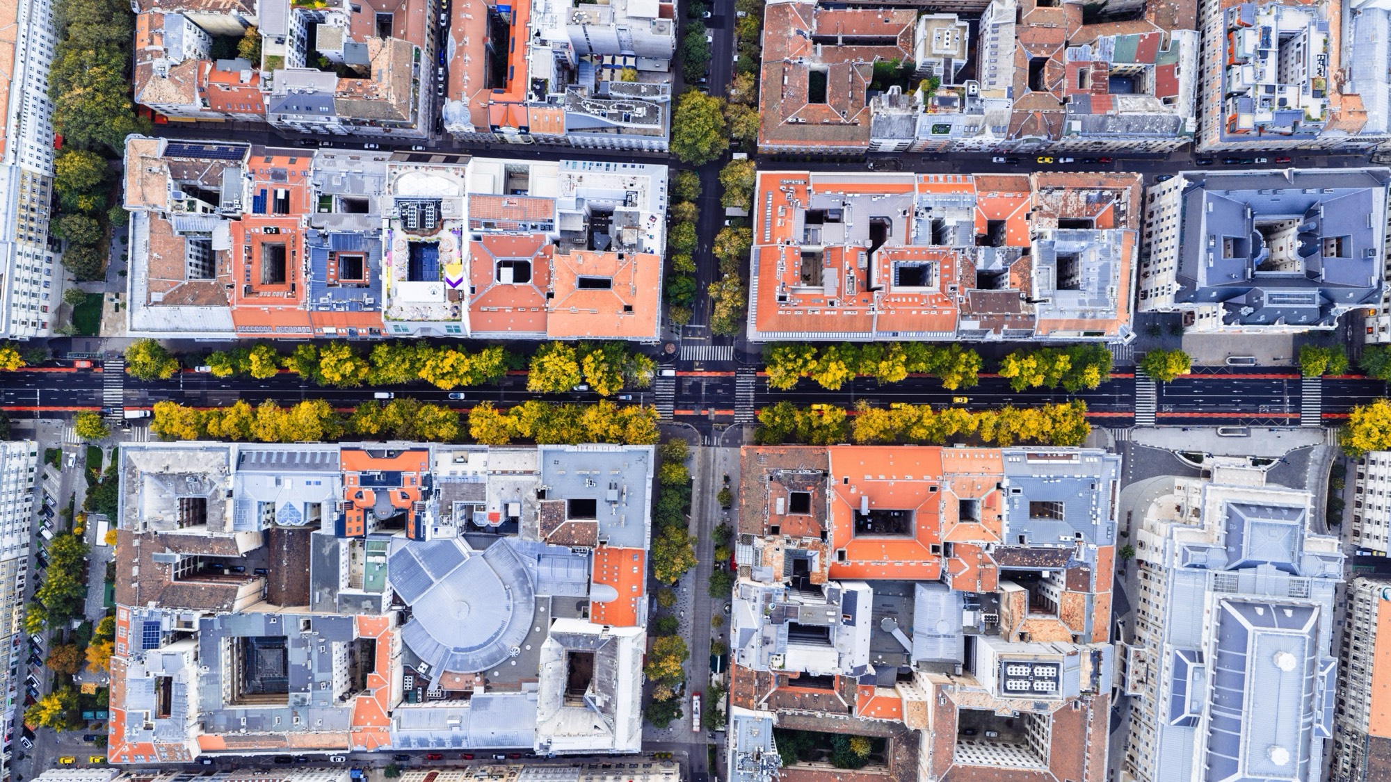 A capital's dense working core seen from directly above, street blocks ruled into a tight grid.