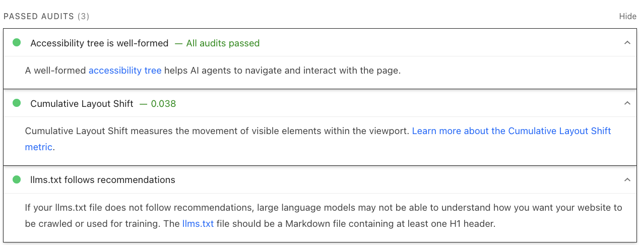 Detail of the three passed Agentic Browsing audits with their explanations: accessibility tree, Cumulative Layout Shift and llms.txt.
