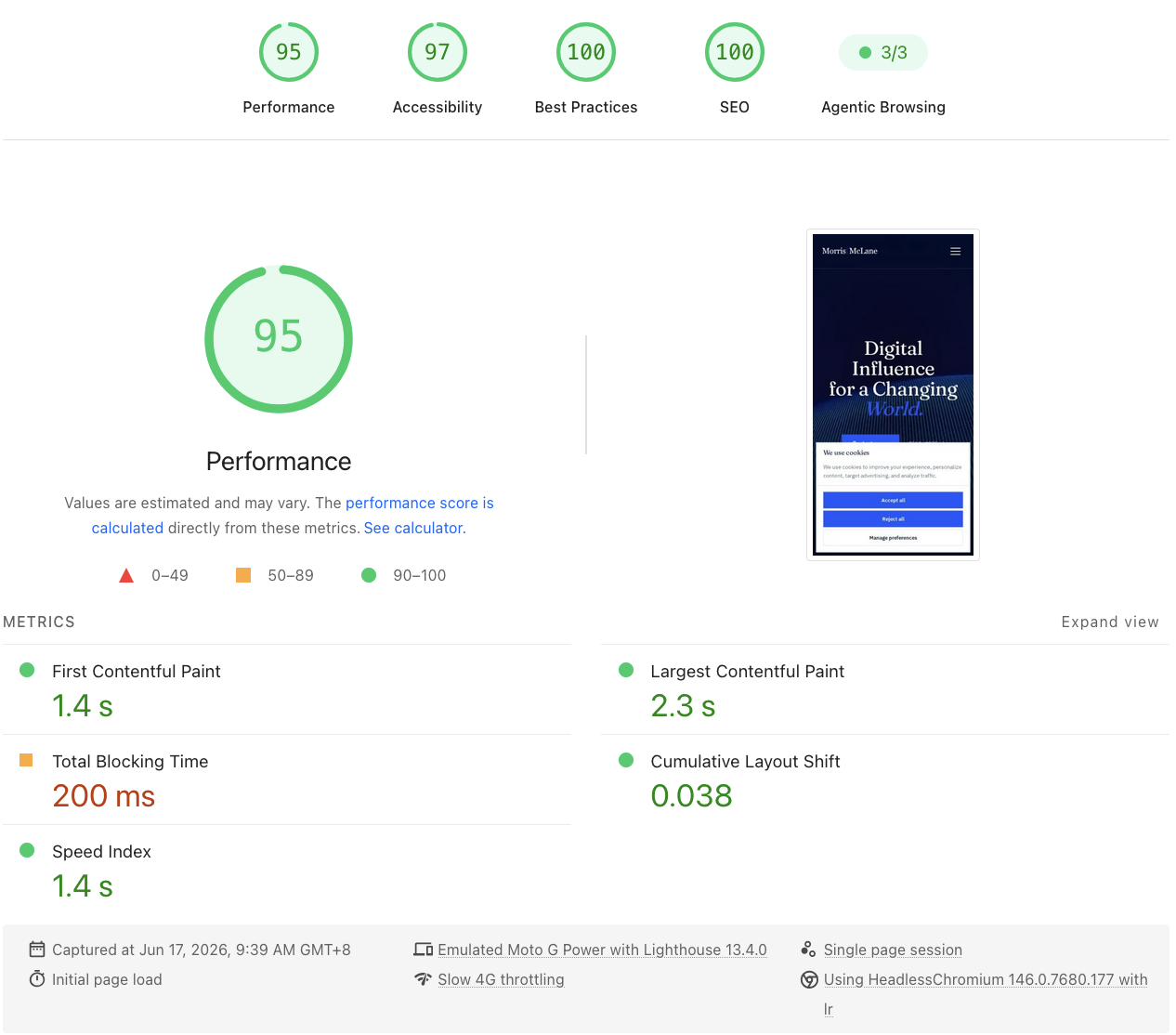 PageSpeed Insights showing an Agentic Browsing score of 3/3 next to Performance 95, Accessibility 97, Best Practices 100 and SEO 100.